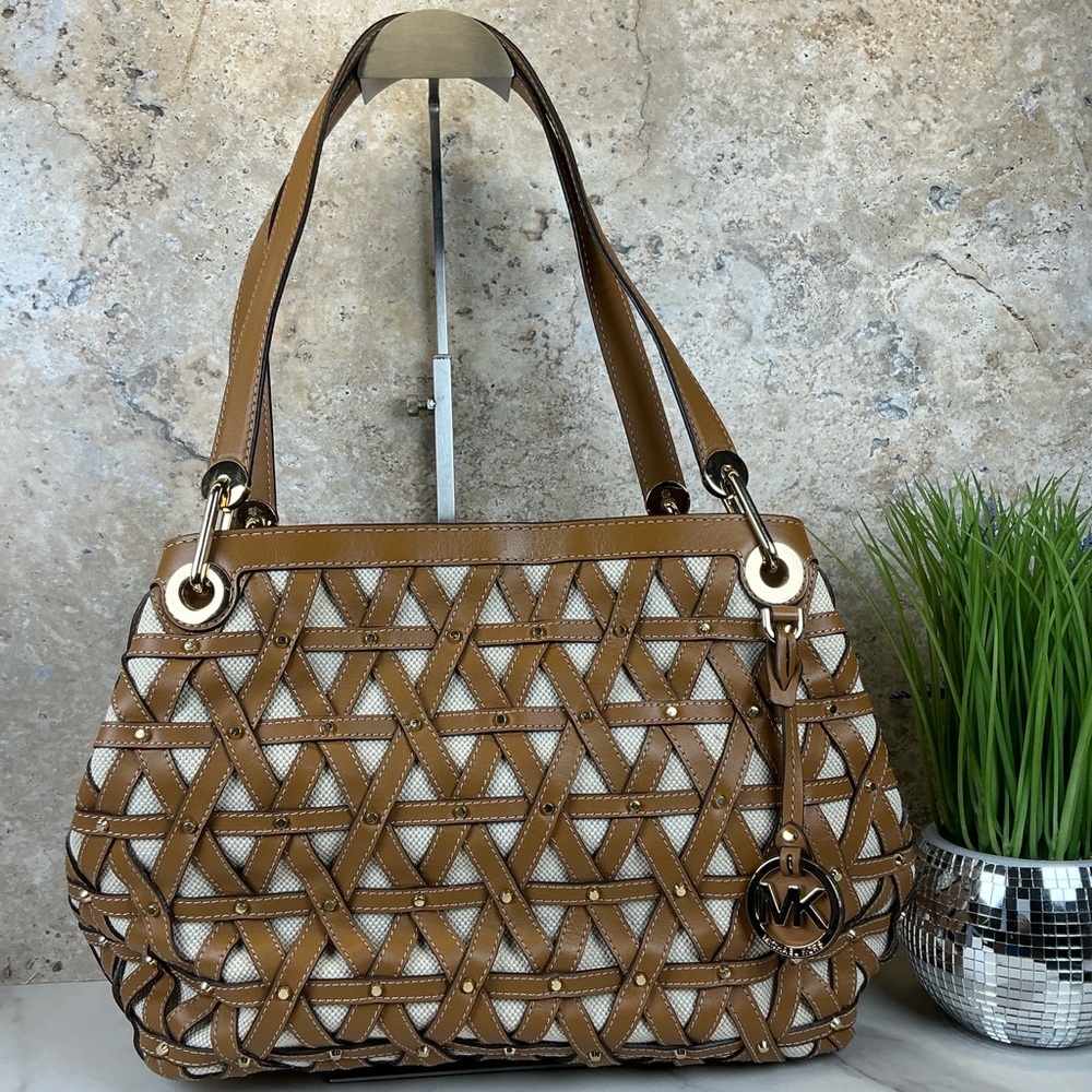 Michael‎ Kors Brooklyn Brown Gold Studded Woven Leather Canvas Shoulder Bag - Picture 2 of 16